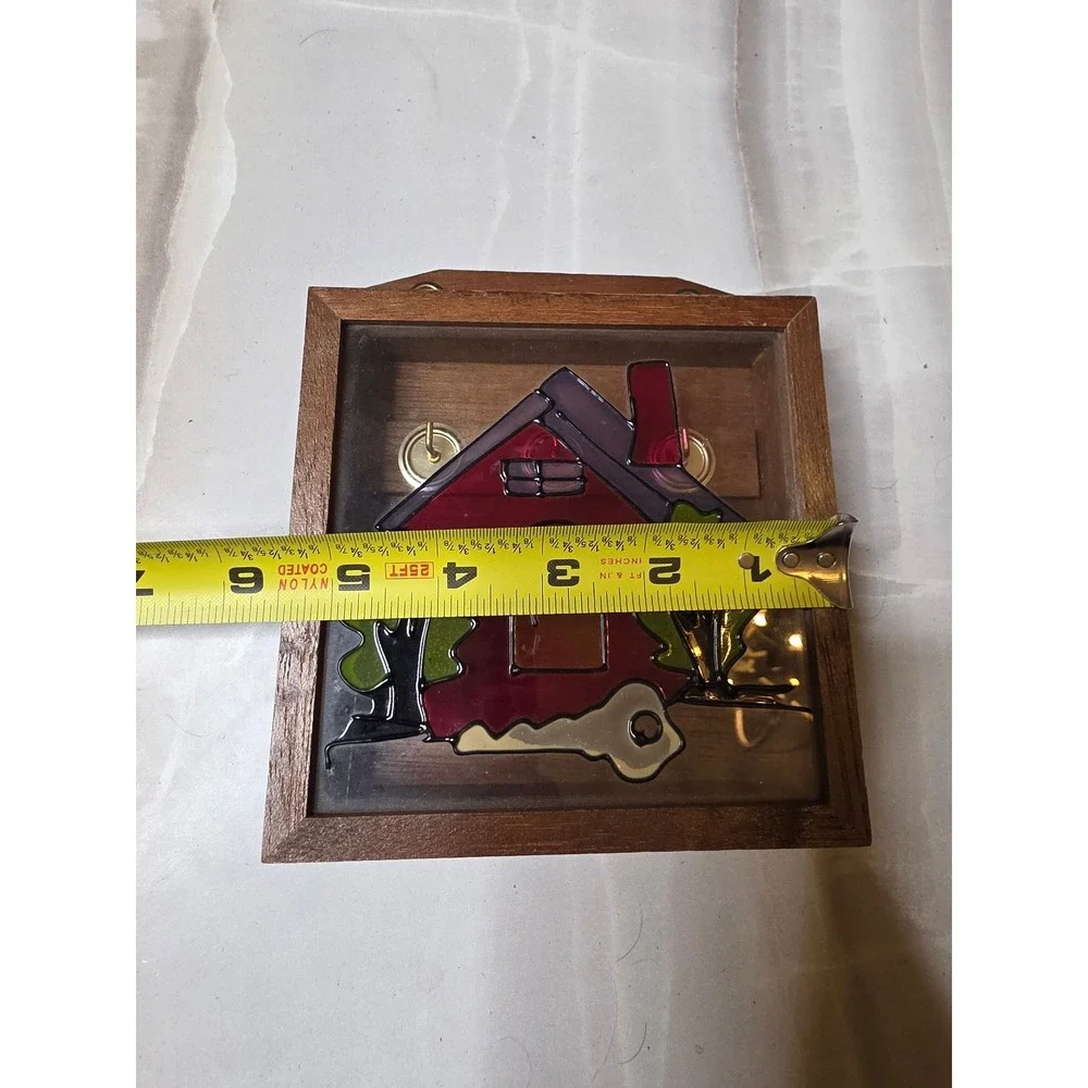 Vintage Wooden Key Holder Box Wall Mount Stained Glass Style House 3 Hooks 6in - Picture 3 of 16